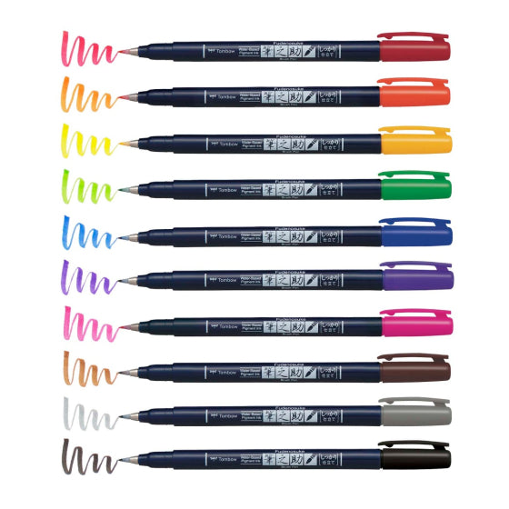 Tombow Fudenosuke Brush Pen - Hard Tip - 10 Colour Set